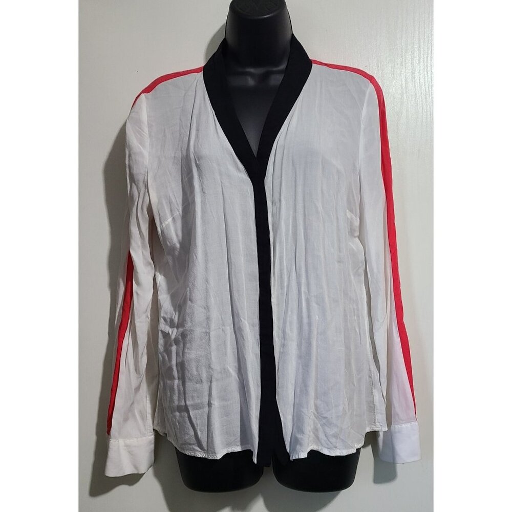 Worthington Button Down V-Neck Long Sleeve Blouse White Black Pink Size L